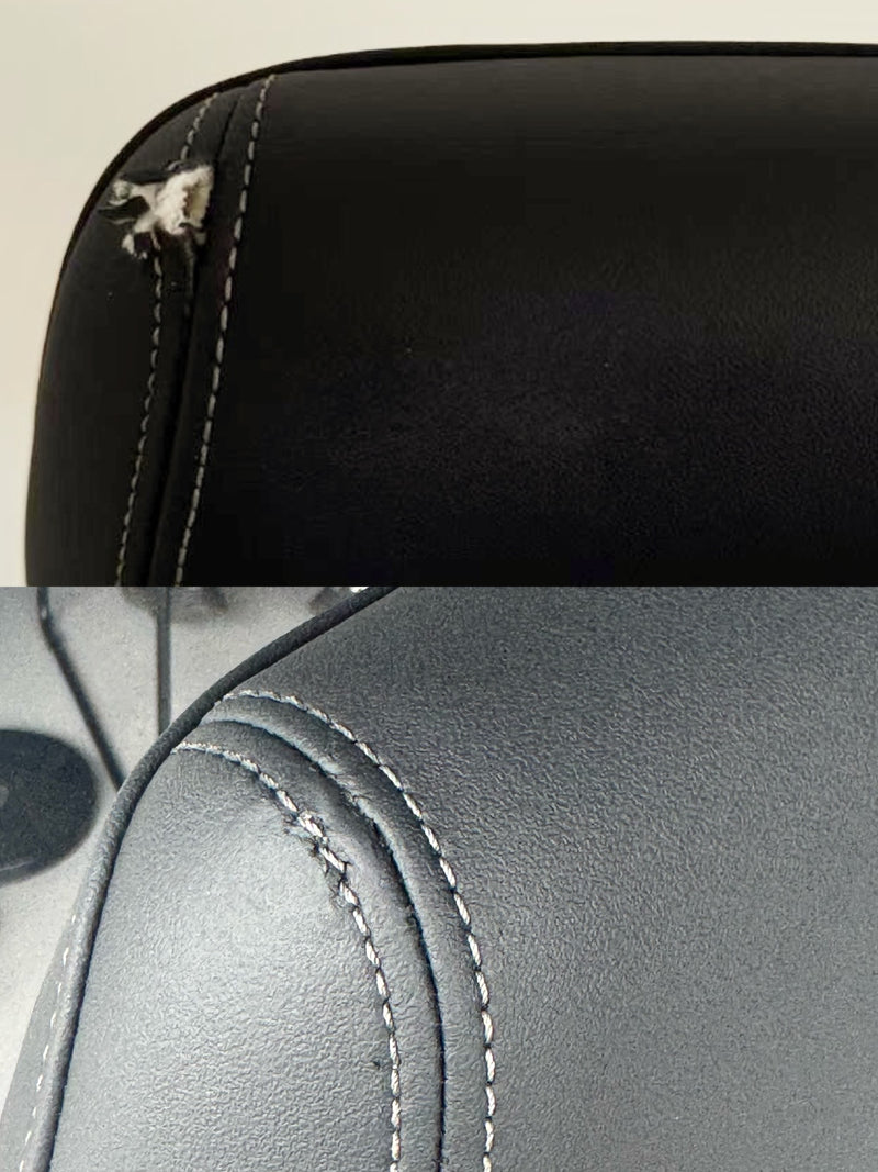 Before and after BMW leather headrest tear repair in Sydney