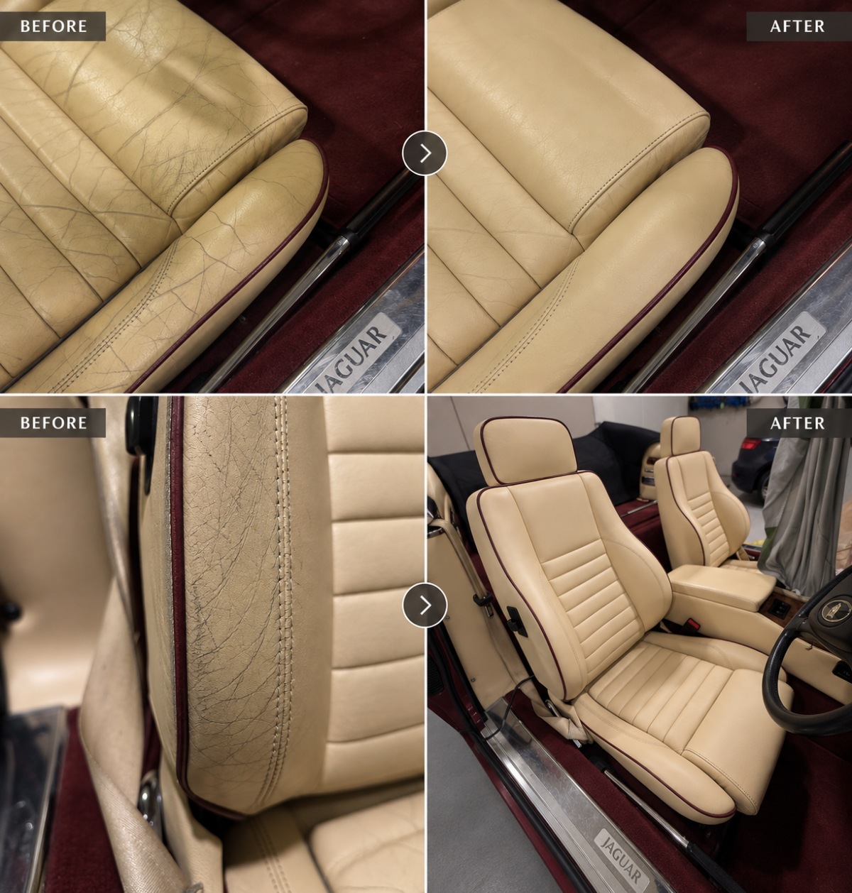 Classic Jaguar leather seat restoration in Sydney – before and after repair of cracked and worn beige leather seats while preserving the original interior
